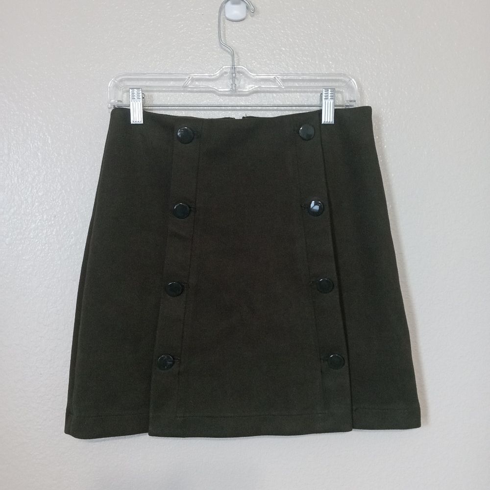 Loft Ann Taylor Suede Dark Olive Green Front Button A-line Mini Skirt - Picture 2 of 9